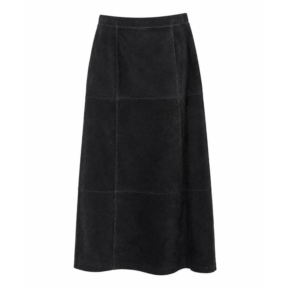 Dialogue Suede Maxi Skirt 12 Black Leather Paneled Back Vent A-Line Long Skirt